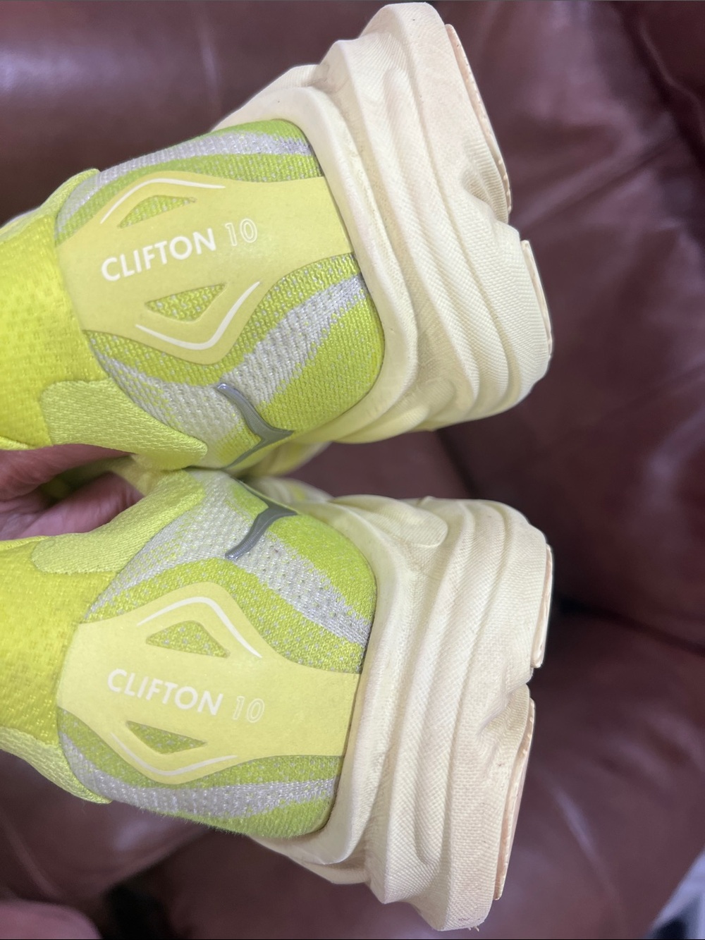 Hoka Clifton 10 Neon Yellow and Cream Road Running Shoes Size 14D - Picture 10 of 12